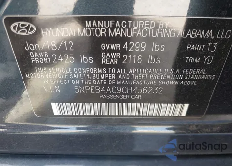 2012 Hyundai Sonata Gls from USA, damaged, VIN 5NPEB4AC9CH456232